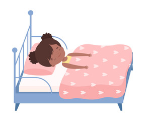 Canvas Print - Cute Little Girl Sleeping Sweetly in Her Bed under Blanket Vector Illustration