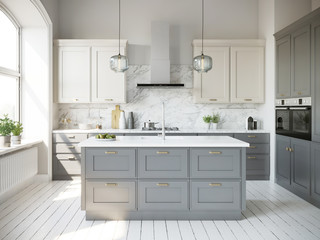 3d rendering of a beige and grey scandinavian kitchen with island and glass lamps
