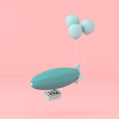 Poster - minimal concept of balloons and airship with present in the basket on pastel background. 3D rendering.