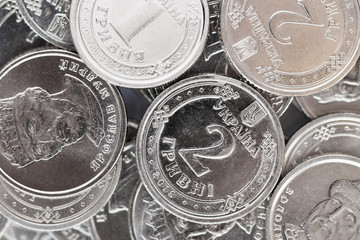 Wall Mural - Close-up photo of ukrainian coins metal money, savings, earnings, salary concept. Financial crisis, lack of funds, financial liabilities, paying bills. Numismatic collection.