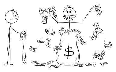 Wall Mural - Vector cartoon stick figure drawing conceptual illustration of man,politician or businessman throwing away money from bag and competitor is holding empty bag.