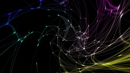 Poster - Abstraction colourful dots and lines in curve motion. Lighting path in dark structure area.
