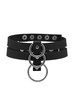 Subject shot of a black choker made as a collar of leather strips with steel studs and chrome-plated rings. The stylish accessory is isolated on the white background. 