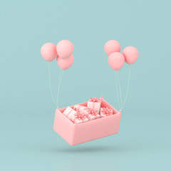 Wall Mural - Minimal conceptual idea of present boxes in the basket surround by pink balloons on pastel background. 3D rendering 