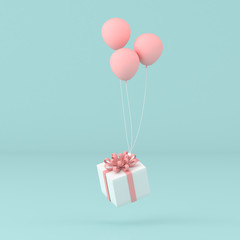 Poster - minimal conceptual idea of present box floating by balloons on pastel background. 3D rendering 