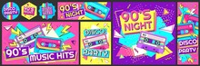 Funky 90s Disco Party Poster. Nineties Music Hits Banner, 90s Dancing Night Invite And Retro Stereo Tape Vector Illustration Set. 90s Stereo Poster And Flyer, Music Trend Dancing