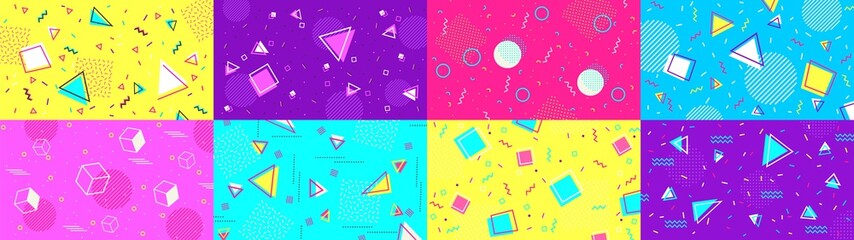 Wall Mural - Funky 90s memphis background. Abstract hipster shapes and funky geometric patterns, 1980s pop backdrop vector illustration set. Background fashionable trendy, graphic creative geometric