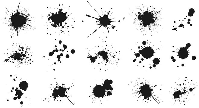 Ink drops and splashes. Blotter spots, liquid paint drip drop splash and ink splatter. Artistic dirty grunge abstract spot vector set. Illustration monochrome drip splash, splat messy inkblot