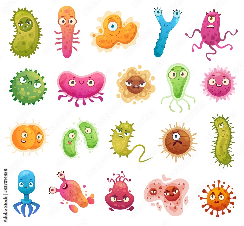 Cartoon bacteria mascot. Virus character, bacterias with funny faces. Color microbes and disease viruses isolated vector illustration set. Monster creature organism, bacteria and microbe - obrazy, fototapety, plakaty 
