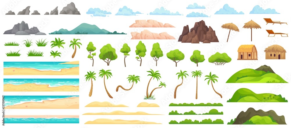 Beach landscape constructor. Sandy beaches, tropical palms, mountains and hills. Ocean horizon, clouds and green trees cartoon vector illustration set. Nature beach landscape constructor - obrazy, fototapety, plakaty 