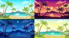 Daytime Beach Landscape. Sunny Day Seascape, Night Ocean And Sunset Beach Cartoon Vector Illustration Set. Beach Landscape, Outdoor Travel Scene Sea Daytime