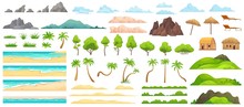 Beach Landscape Constructor. Sandy Beaches, Tropical Palms, Mountains And Hills. Ocean Horizon, Clouds And Green Trees Cartoon Vector Illustration Set. Nature Beach Landscape Constructor