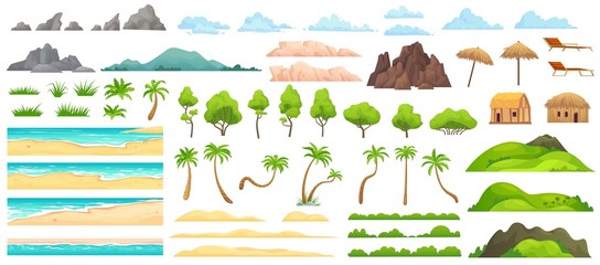 beach landscape constructor. sandy beaches, tropical palms, mountains and hills. ocean horizon, clou