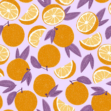 Vector Hand Drawn Orange Fruit Seamless Pattern. Fresh Summer Illustration In Trendy Colors. Great For Fabric And Wallpaper.