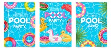 Pool Party Poster. Welcome To Pool Party Flyer With Swimming Pool, Floating Rings And Tropical Leaves Vector Set. Pool Summer Party, Poster Or Banner Illustration