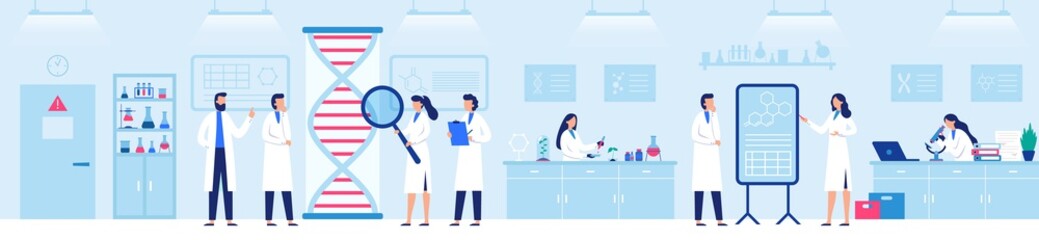 Genetic research laboratory. Professional lab with scientists, genome and biological researches vector illustration. Laboratory research and medicine biotechnology