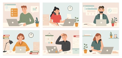 Poster - busy workers work with laptop. deadline, tired overworked people with too many tasks and office work
