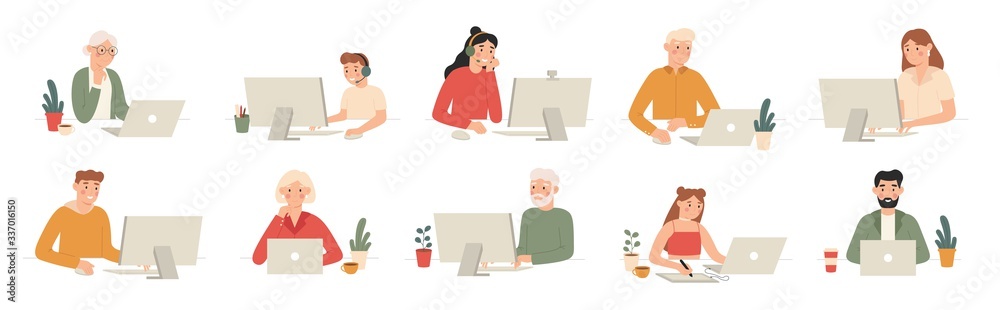 People work with computers. Students work with laptop and computer, office workers and seniors with laptops cartoon vector set. Man workplace at computer or laptop, office work illustration - obrazy, fototapety, plakaty 