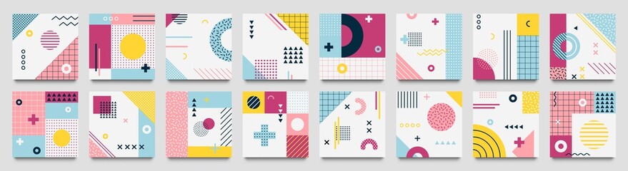 Wall Mural - Abstract neo memphis geometric patterns. Geo grid square, color modern geometrical background with lines and dotted pattern vector set. Illustration of collection banner with dotted square background