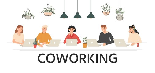 Poster - people work together in coworking. team work, workspace for teams and rental workplace cartoon vecto