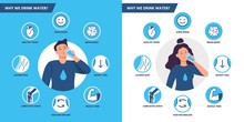 Drinking Water Benefits. Healthy Human Body Hydration, Man And Woman Drink Water Vector Illustration Set. Healthcare Drink Infographic, Lubricated Joints And Muscle Tone