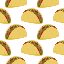Seamless Pattern Of Mexican Traditional Food - Taco, Forcemeat With Tortilla And Vegetables. Vector