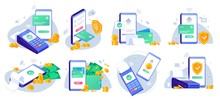 Mobile Payments. Online Sending Money From Mobile Wallet To Bank Card, Golden Coins Transfer App And E Payment Vector Illustration Set. Mobile Payment, Business Finance Pay, Transaction Online