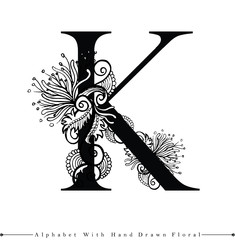 Alphabet Letter with Black and White Hand Drawn Floral Background