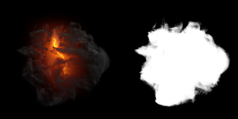 Poster - Isolated abstract lightning and smoke with turbulent motion, Multi-color powder, fog, smoke explosion. alpha channel with black/white matte for post-production, digital composition. 3D render
