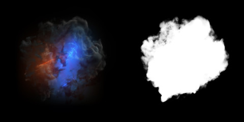 Poster - Isolated abstract lightning and smoke with turbulent motion, Multi-color powder, fog, smoke explosion. alpha channel with black/white matte for post-production, digital composition. 3D render
