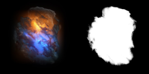 Poster - Isolated abstract lightning and smoke with turbulent motion, Multi-color powder, fog, smoke explosion. alpha channel with black/white matte for post-production, digital composition. 3D render
