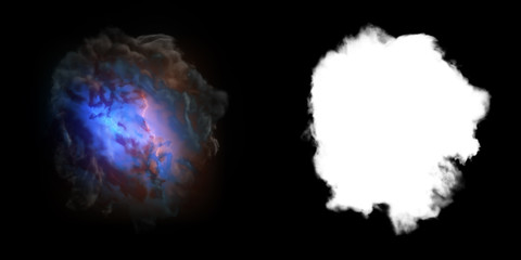 Poster - Isolated abstract lightning and smoke with turbulent motion, Multi-color powder, fog, smoke explosion. alpha channel with black/white matte for post-production, digital composition. 3D render
