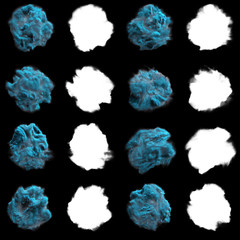 Poster - Isolated abstract blue smoke with turbulent motion, Multi-color powder, fog, smoke explosion. alpha channel with black/white matte for post-production, digital composition. 3D render