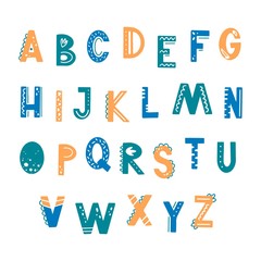 Poster - Funny kids alphabet with hand drawn elements in scandinavian style for poster, kids nursery, font, letters design. Vector illustration isolated on background.