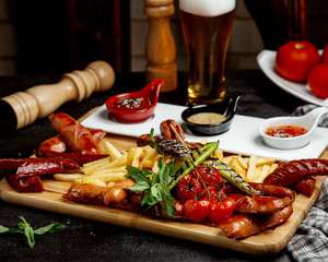 Poster - fried sausages with fries and beer