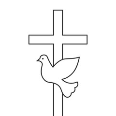 Flying dove and cross concept. Blank silhouette, outline and line art isolated on white background.