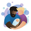 Lgbt male family hugging their little baby. Adoption in gay family concept.Two fathers and baby on blue and white background. Homosexual couple adopting. Modern vector in flat minimalistic style