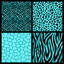 Set Of 4 Colorful Animal Print Inspired Seamless Patterns. Exotic Teal Colored Wildlife Backgrounds. Vector Wallpapers.	