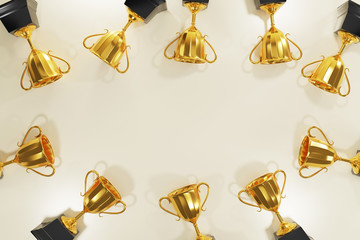 Wall Mural - top view golden trophy cup on gold background. copy space for text. 3d rendering.