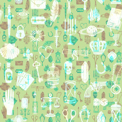 Naklejka na meble Seamless pattern with magic and mystical items, vintage style illustration on green background
