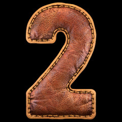 Number 2 made of leather. 3D render font with skin texture on black background.