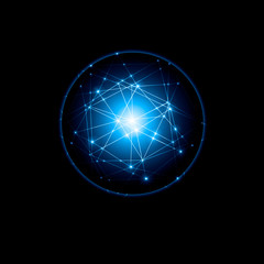 Poster - Abstract background. Abstract glowing ball, Covid-19, virus, coronavirus, abstract internet symbol, communication, technology.