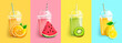 Orange, watermelon, kiwi, lemon smoothie set. Juice to go with fresh fruits.Summer background for banner,poster,brand,template and label,packaging,packing,emblem and advertise.Vector illustration.