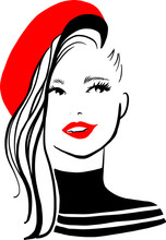 Stylish Beautiful Model For Fashion Design. Portrait Of Smiling Pretty Girl With Red Beret. Elegant Vector French Style.