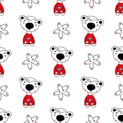 Cute bear and stars seamless pattern. Vector illustration of Teddy in cartoon style on a white background.For children s clothing, fabrics, packaging paper design, Wallpaper.