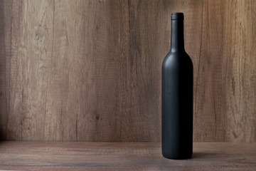 bottle of wine, red wine bottle wooden background, black bottle, wooden background, nobody