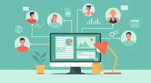 People Connecting And Working Online Together On Computer, Remote Working, Work From Home, Work From Anywhere, New Normal Concept, Vector Flat Illustration