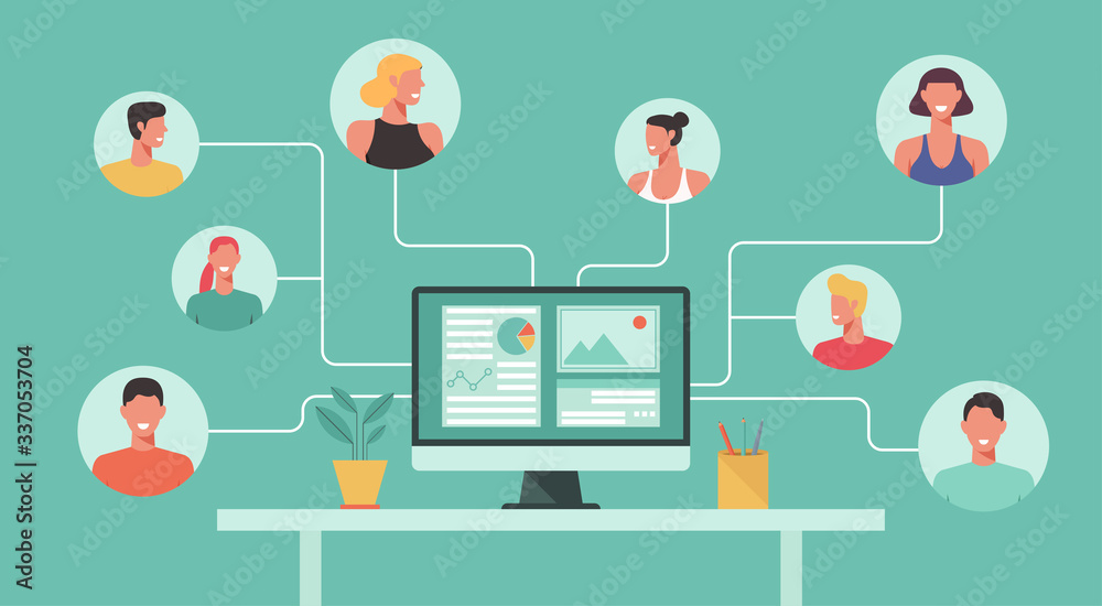 people with different and expert skills connecting and working online together on computer, remote working, work from home, work from anywhere, new normal concept, vector flat illustration - obrazy, fototapety, plakaty 