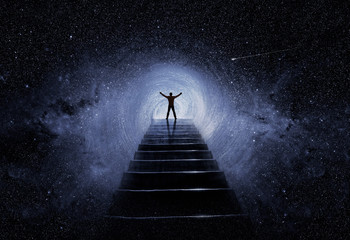 Wall Mural - man with posture of success on top of ladder