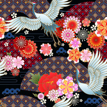 Seamless Spring Japanese Pattern With Classic Floral Motif,fans And Cranes